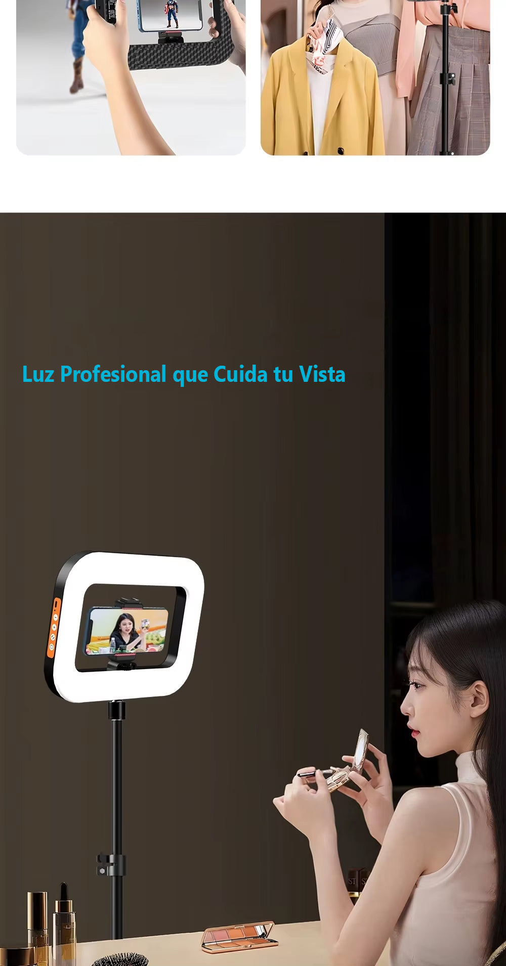 Marco de Luz LED Recargable para Selfies y Grabaciones – Soporte de Teléfono Integrado
