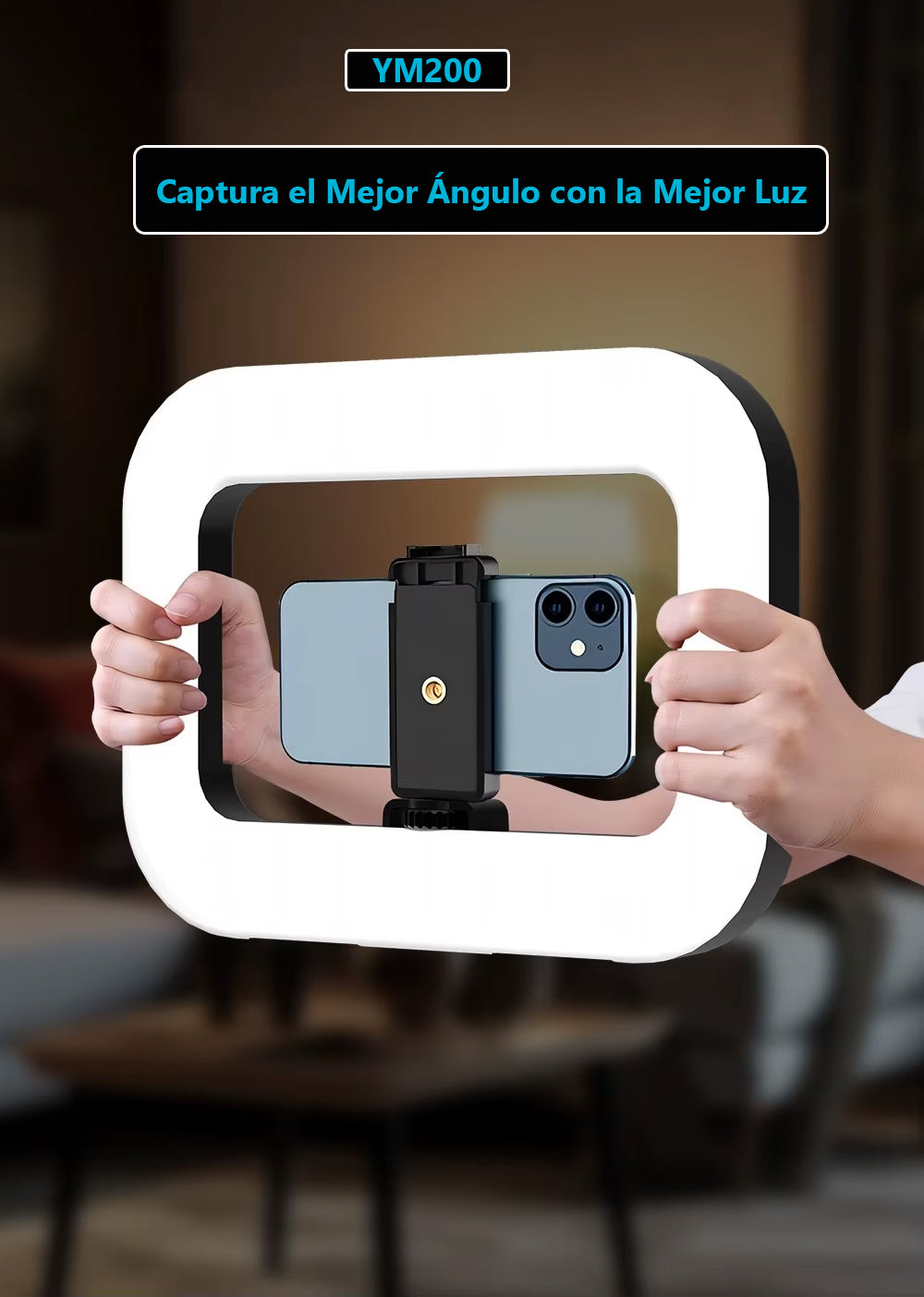 Marco de Luz LED Recargable para Selfies y Grabaciones – Soporte de Teléfono Integrado